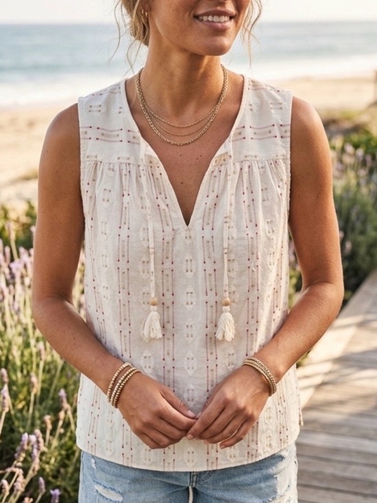Faherty Tops - Faherty Skylar Sunburst Cream Tassel Tank Top Medium Desert Boho Organic Cotton